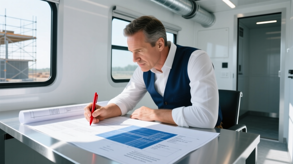 Estimator reviewing concrete blueprints with a red pen, highlighting vague contract terms next to material specs in a bright site trailer.