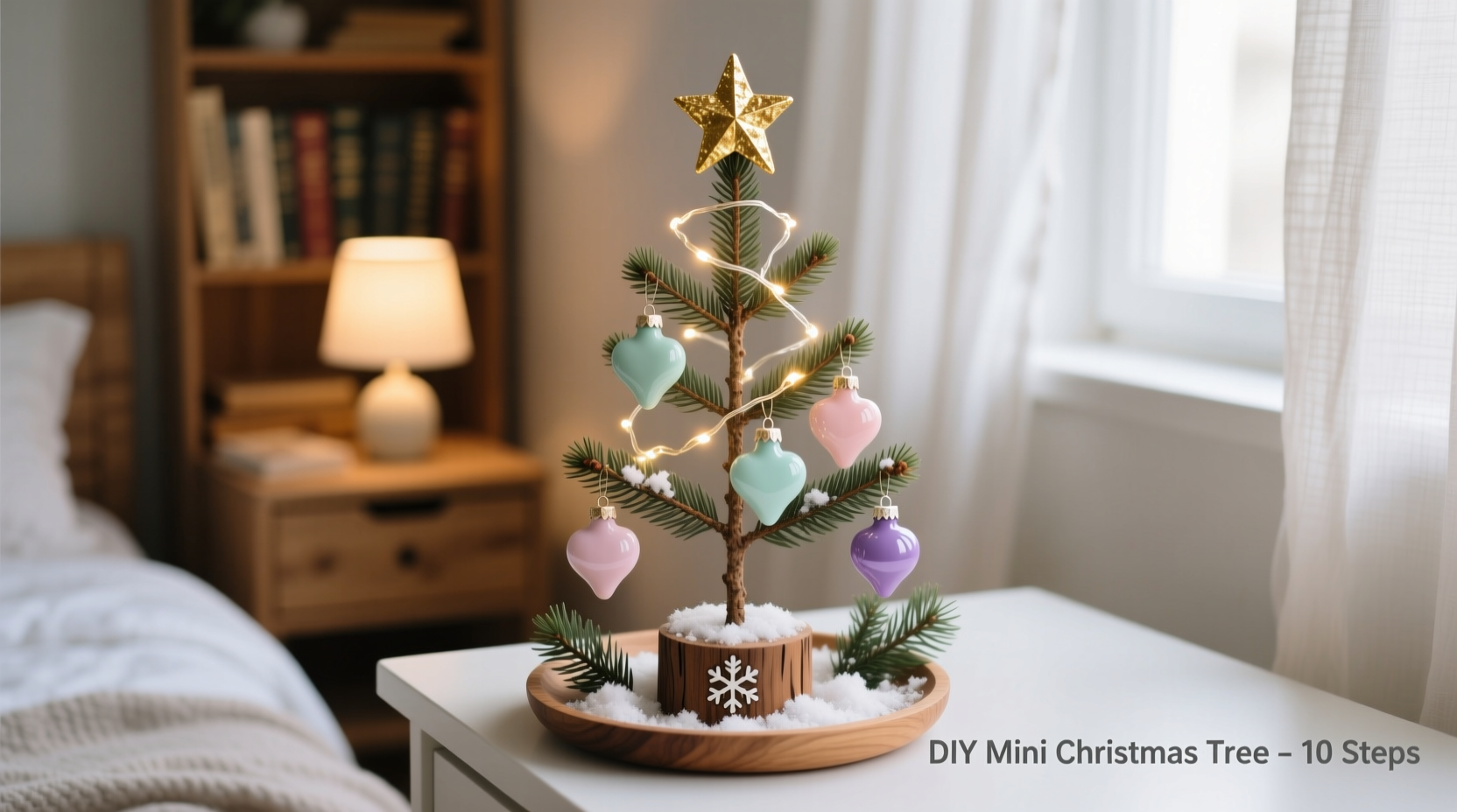Pastel-colored mini Christmas tree with warm lights on bedroom nightstand