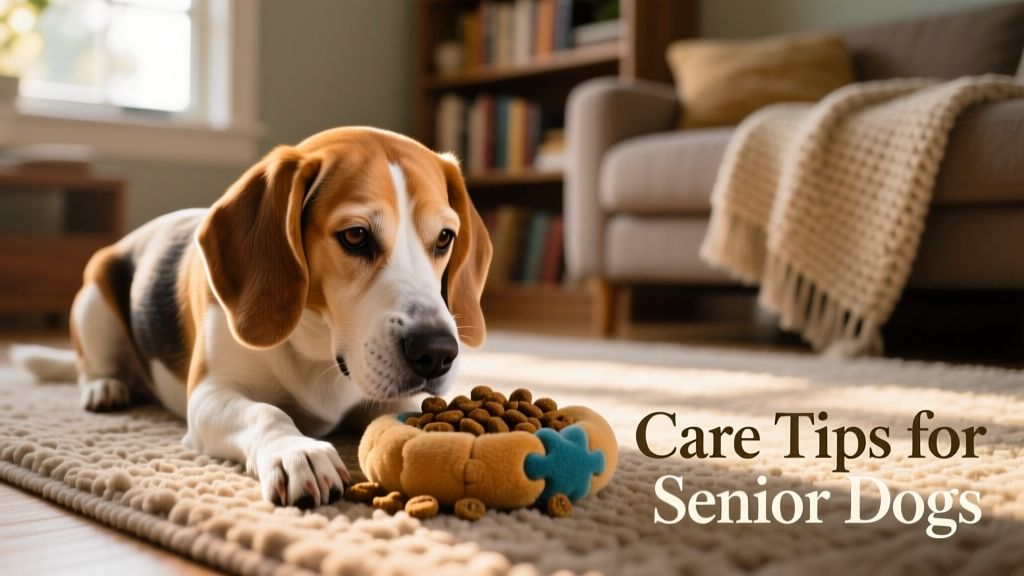 A senior beagle gently interacting with a soft puzzle toy filled with kibble on a non-slip rug