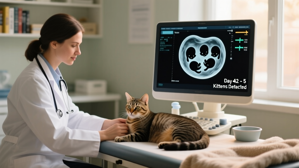 Veterinarian performing an ultrasound on a pregnant cat, with screen visible showing fetal outlines