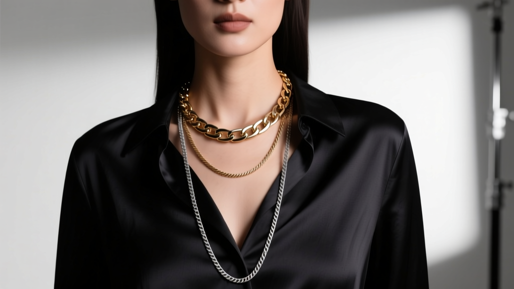 Woman wearing a 16-inch box chain Octavie pendant layered with an 18-inch cable chain over a dark silk blouse in soft light