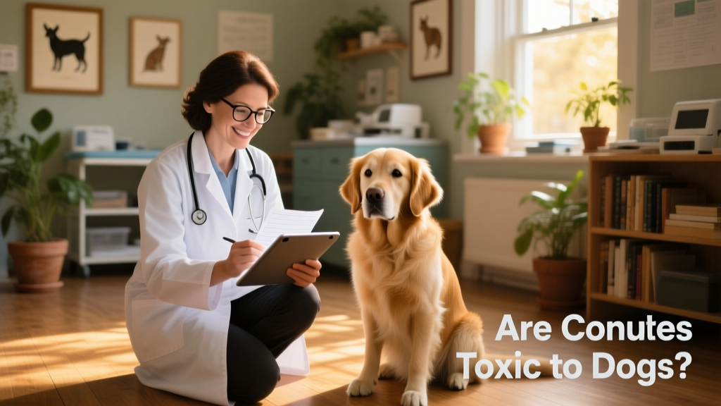 Friendly veterinarian reviewing medical notes while holding a tablet, with a calm dog beside her