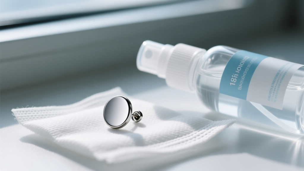 Macro shot of an 18-gauge titanium flat back earring on sterile gauze next to a saline wound wash spray bottle under soft lighting.