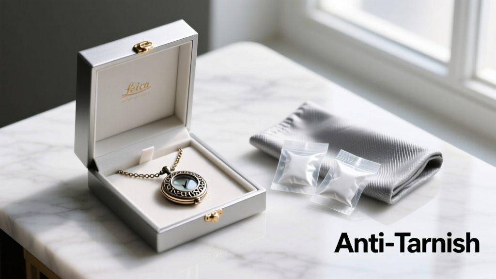 Open anti-tarnish jewelry box holding a cinematic locket necklace, silica gel packets, and specialized silver polishing cloths.