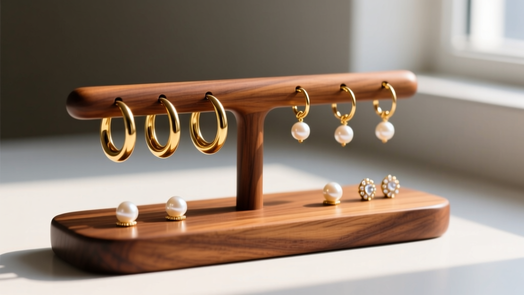 Close-up of a polished walnut wooden earring holder displaying gold hoop earrings and pearl studs on a vanity, soft morning light