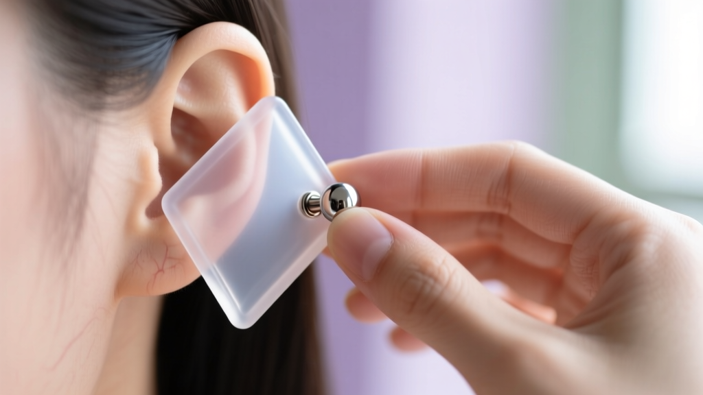 Fingers securing a clear silicone clutch back onto a steel stud post on an earlobe, side angle with a soft, blurred background.