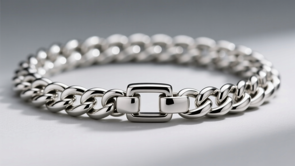 Macro shot of a 4mm 925 sterling silver Cuban link chain with a reinforced box clasp against a neutral grey background.