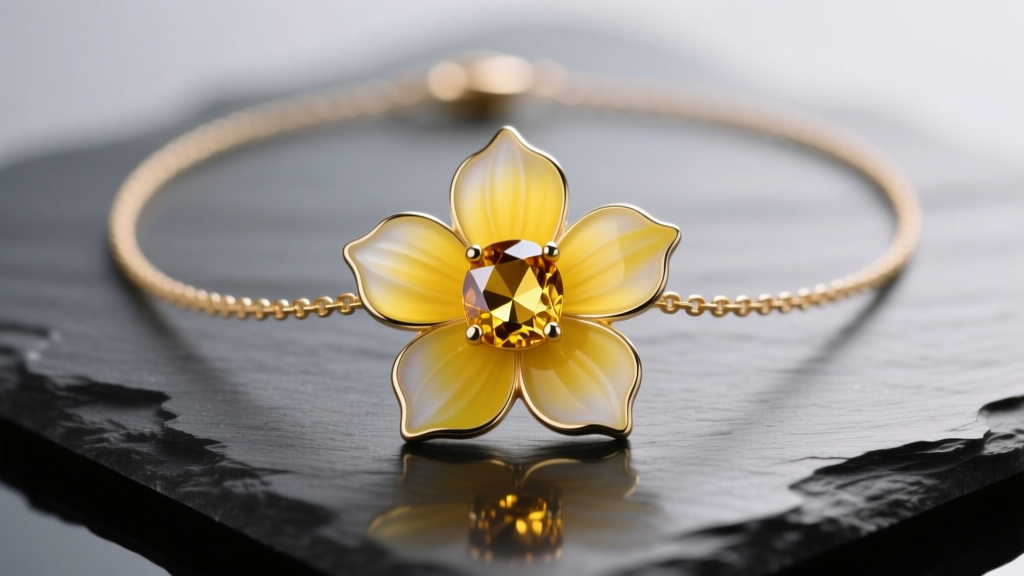 Yellow flower necklace with vitreous enamel petals and a faceted citrine center, resting on dark slate under soft studio lighting.