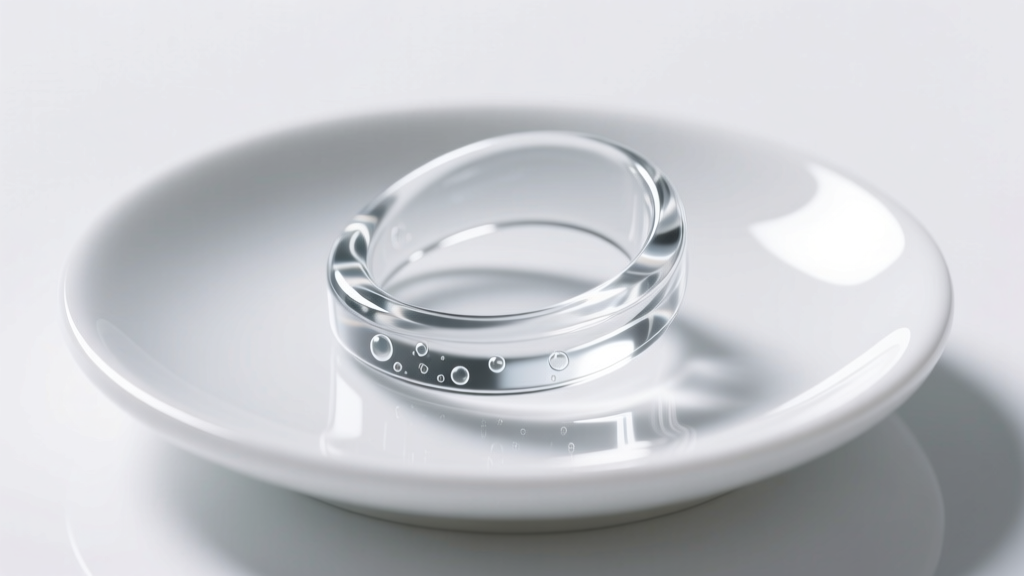 Macro shot of a clear glass ear retainer with a flat back, resting on a white ceramic dish under bright clinical lighting.
