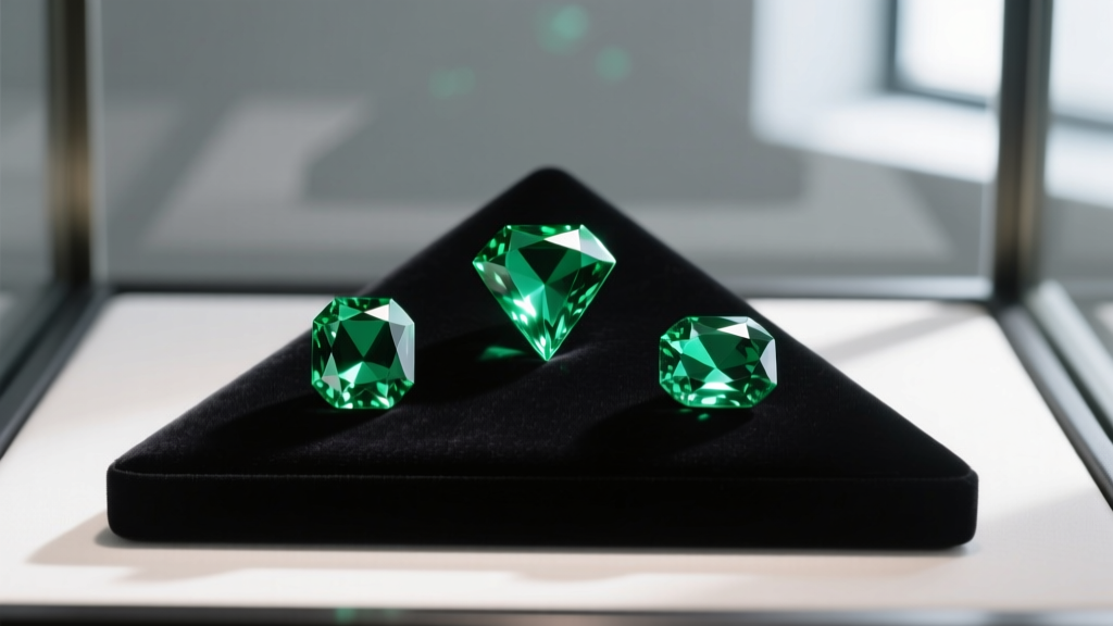 Three green gemstones on a jeweler's slate: a deeply included emerald, a vivid tsavorite, and a banded malachite cabochon.