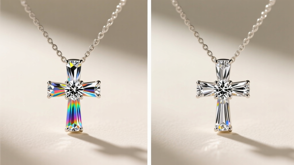 Split-screen comparison of a diamond cross necklace GIF, showing color banding on left and optimized Floyd-Steinberg dithering.