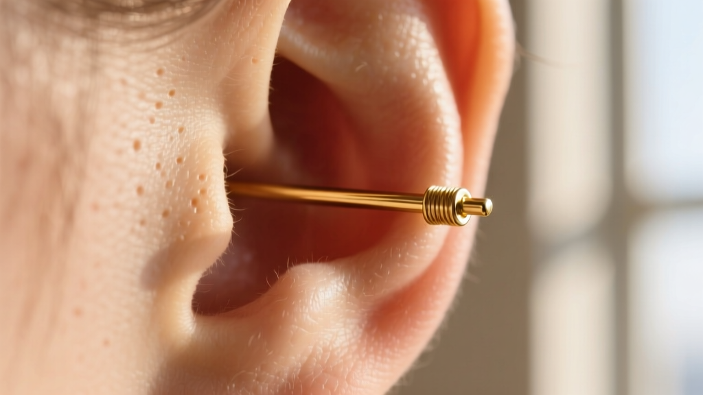 Close-up of a 16-gauge gold earring wire in an earlobe, showcasing the precise thickness and high polish of the metal post.