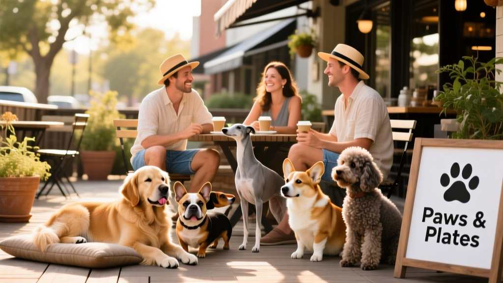 A sunny outdoor patio with dogs lounging beside their owners at a dog-friendly restaurant