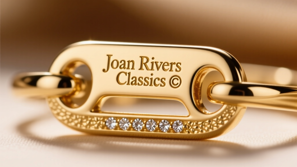 Macro photography of a gold-tone jewelry bail showing the stamped Joan Rivers Classics hallmark and copyright symbol.