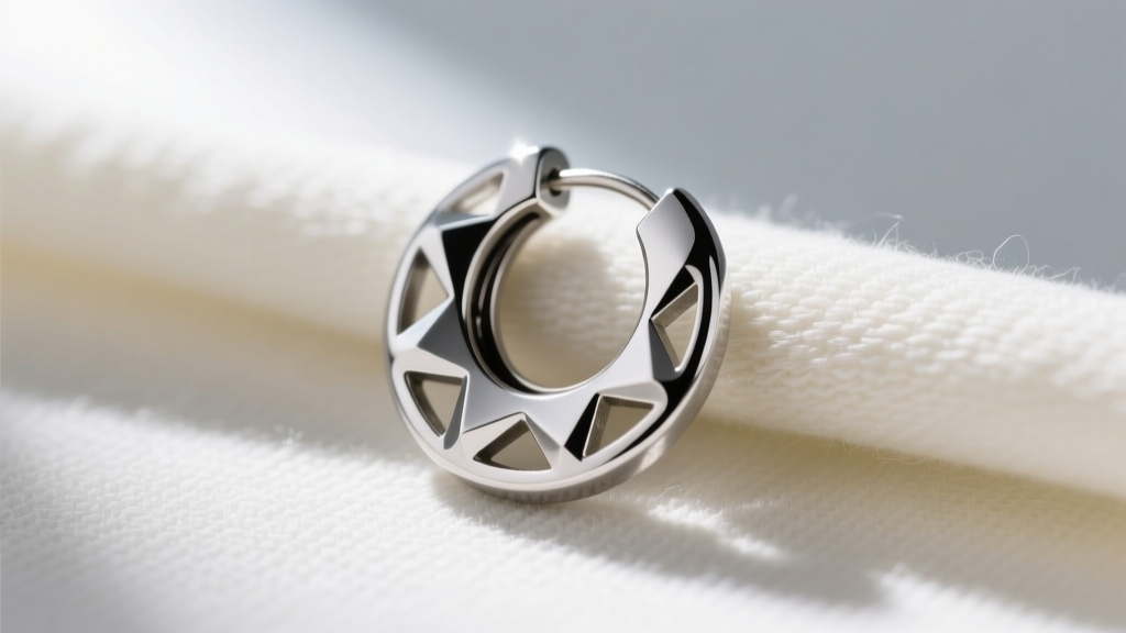 Macro shot of a titanium spinner huggie earring with geometric cutouts resting on a microfiber cloth under bright lighting.
