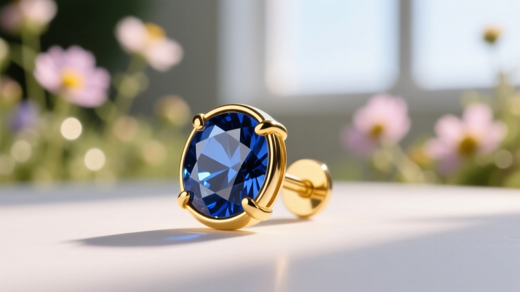 Close-up macro shot of a 3mm bezel-set sapphire stud earring in 14k yellow gold, photographed against a blurred floral background