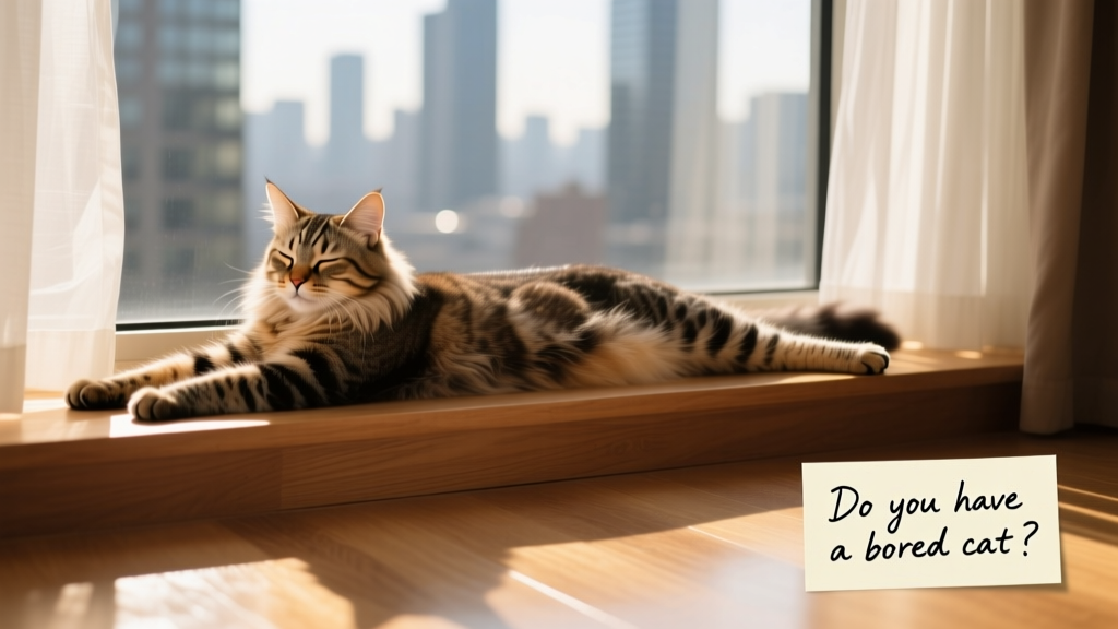 A cat stretching lazily on a sunlit windowsill, eyes half-closed