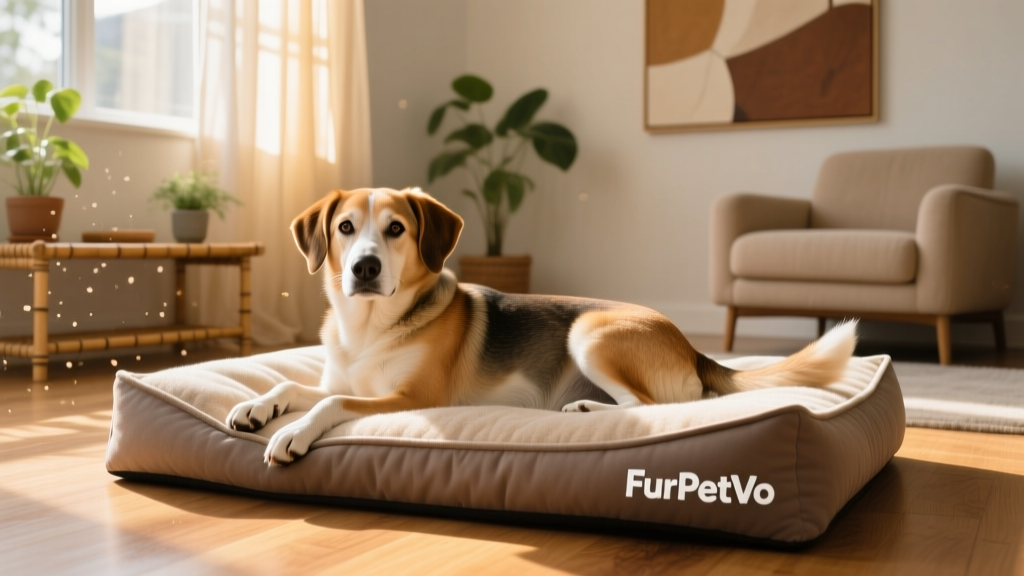A calm, relaxed dog resting peacefully in a soft, well-padded FurPetVo dog bed in a sunlit living room