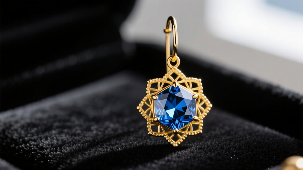 Macro photography of 18k yellow gold Rosalina drop earrings featuring a central 8-point star-cut blue sapphire against dark velvet.