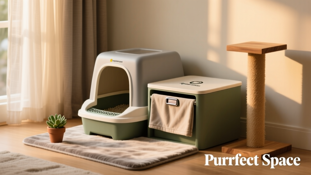 A cozy, well-lit litter box station with a matching mat, discreet storage bin, and nearby scratching post—designed for both cat comfort and human aesthetics