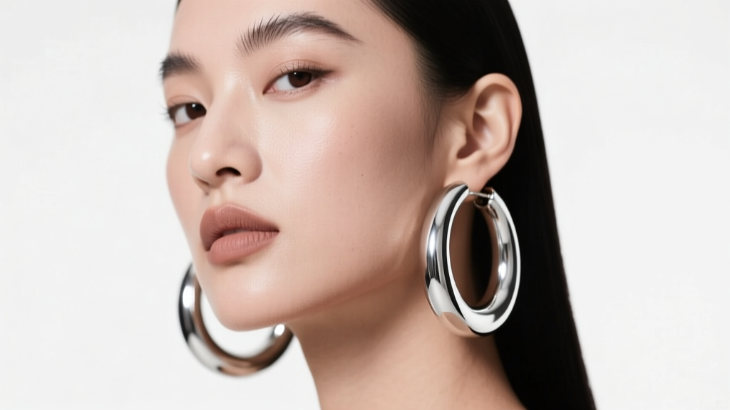 Model wearing chunky 10mm thick sterling silver tube hoop earrings, studio lighting highlighting the polished rhodium metal finish