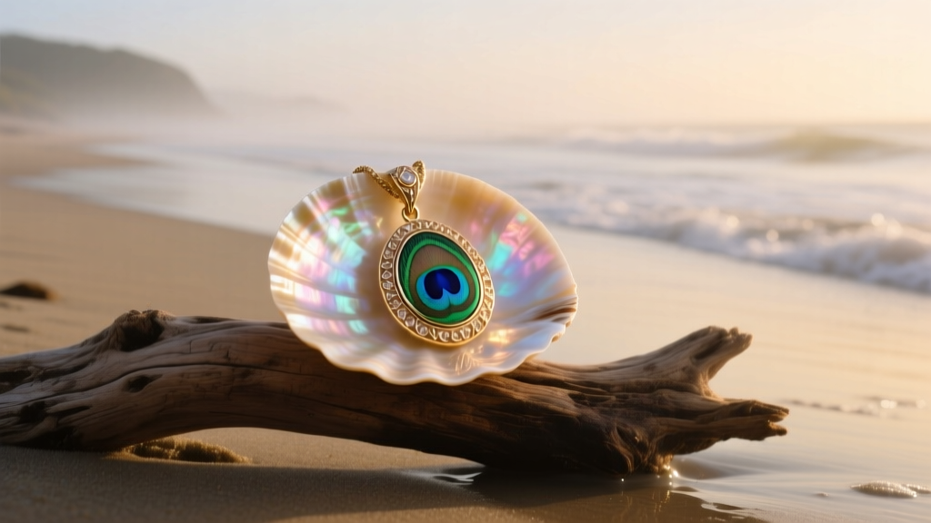 Large polished mother-of-pearl shell pendant resting on driftwood, illuminated by soft natural morning light near the ocean