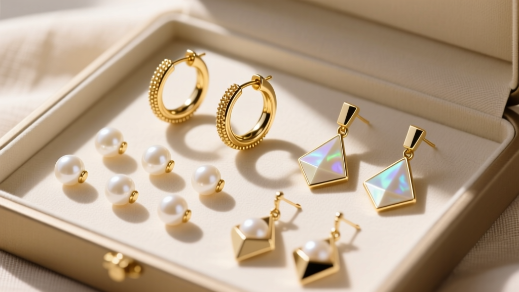 Flat lay of a capsule earring kit on beige linen, featuring 14k gold huggies, pearl studs, and geometric drop earrings