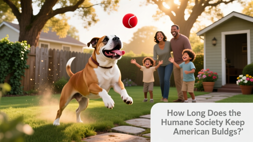 An American Bulldog happily playing fetch in a sunlit backyard with her new family