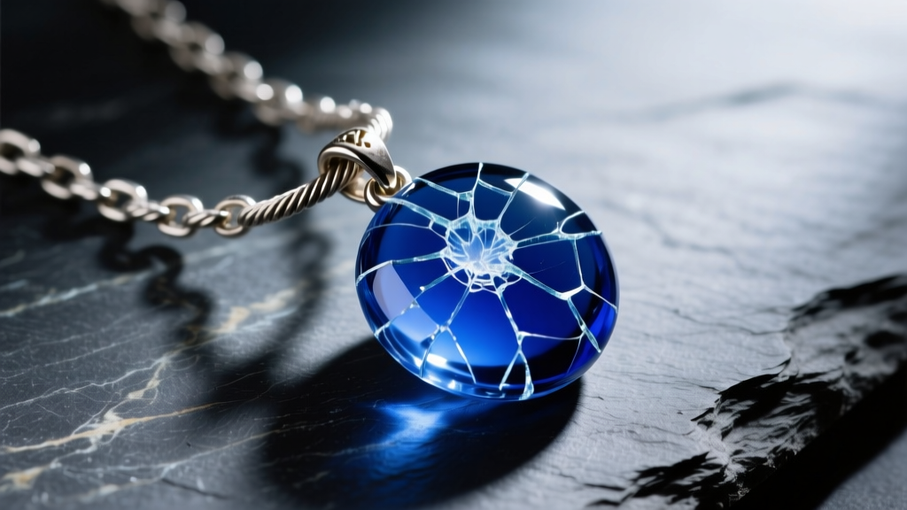 Macro shot of a cracked blue glass nazar pendant on a tarnished sterling silver cable chain resting on a dark slate surface