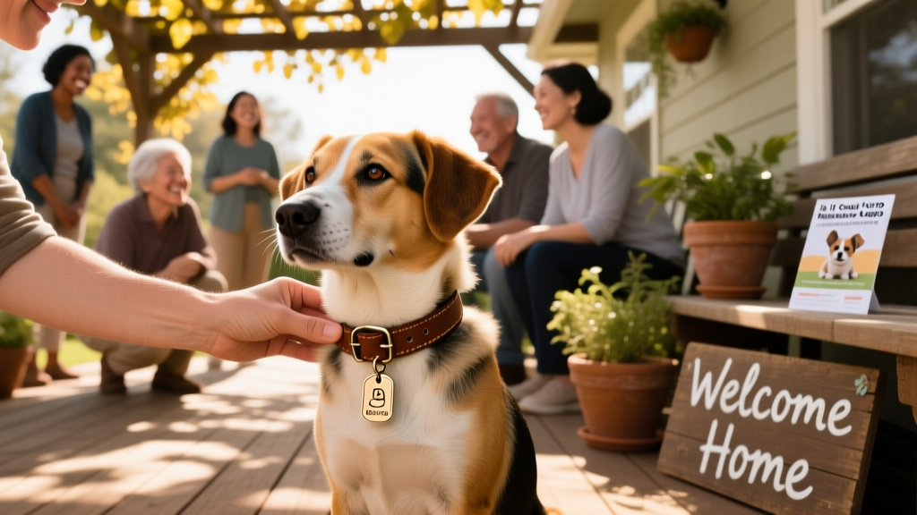 A gentle hand placing a collar with ID tags onto a relaxed, well-groomed dog before a carefully arranged meet-and-greet with potential adopters