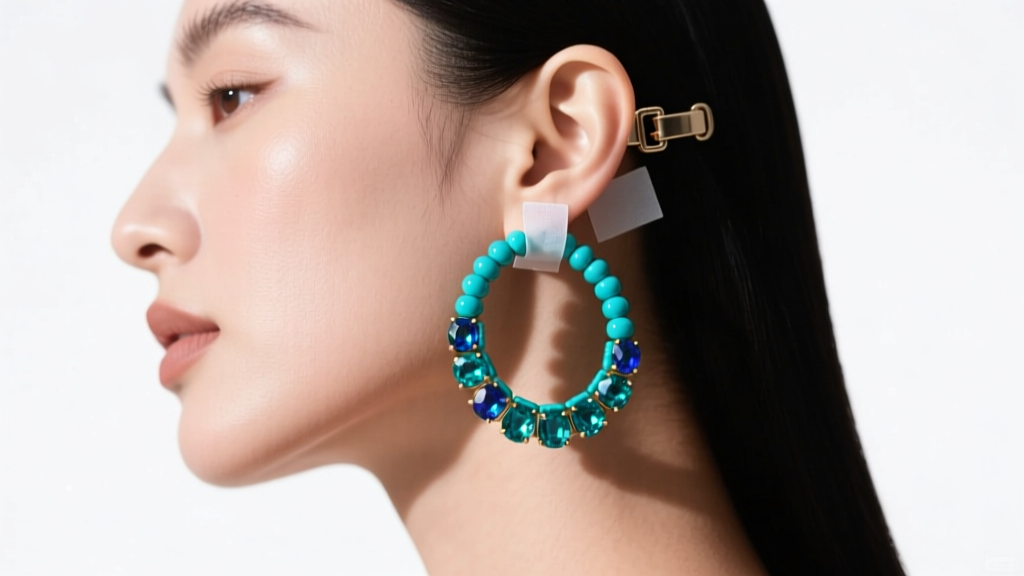 Side profile of woman wearing heavy turquoise beaded hoops, showing a secure latch-back clasp and clear earlobe support patch.