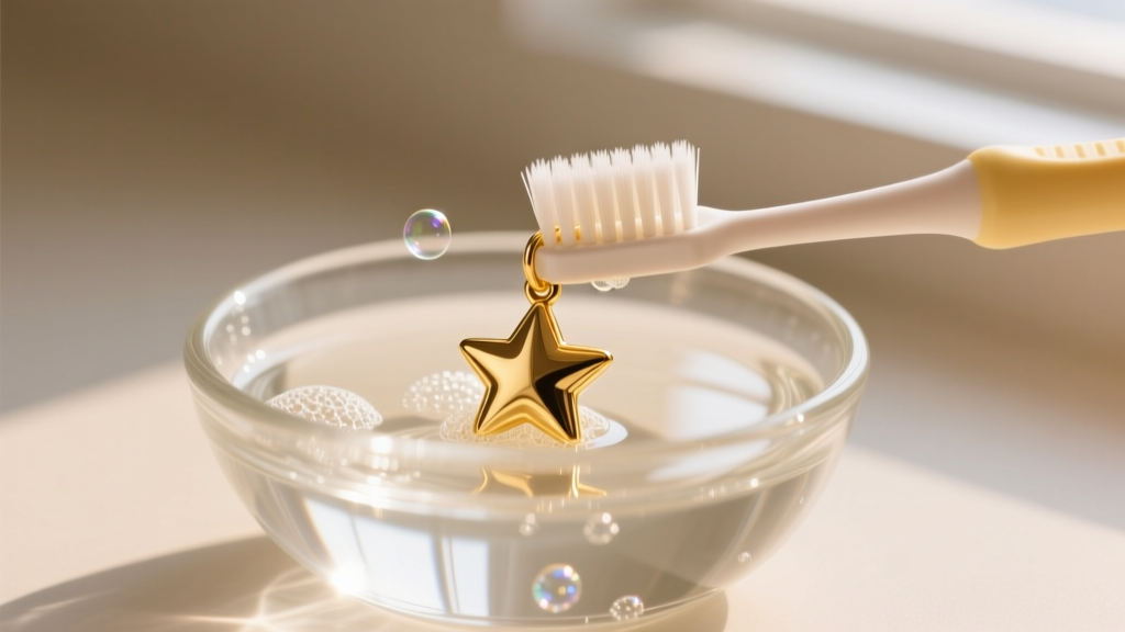 Soft baby toothbrush gently scrubbing crevices of a 14k gold star charm submerged in a small glass bowl of soapy lukewarm water
