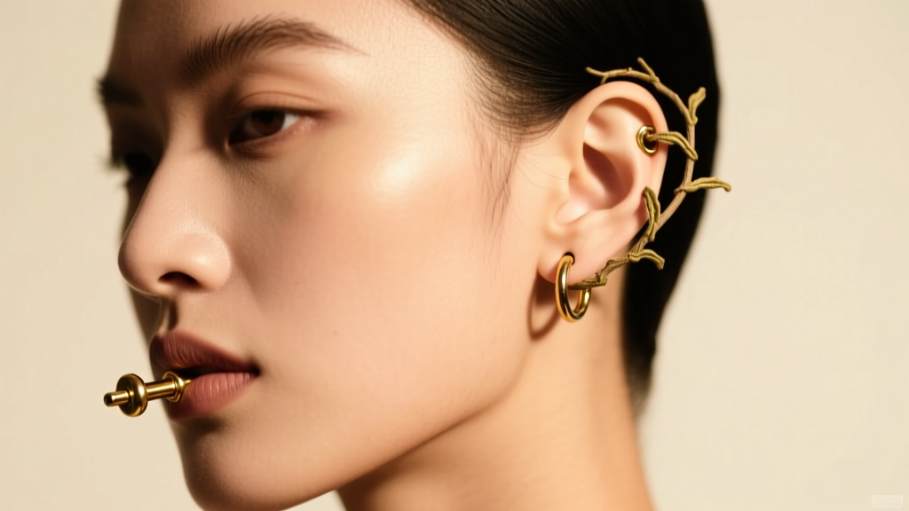Model profile wearing an 18-gauge gold industrial barbell and a non-pierced vine ear cuff under soft, warm studio lighting