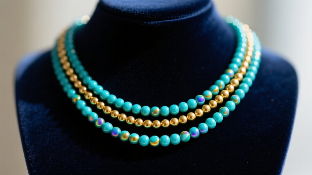 Close-up of a vibrant three-strand seed bead necklace in turquoise and gold, draped over a dark velvet jewelry display bust.