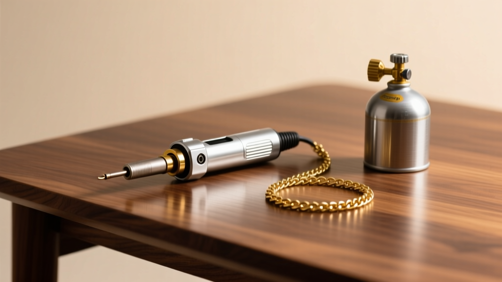 Compact silver micro welder on a wooden desk next to a delicate gold chain and small argon tank under warm studio lighting.
