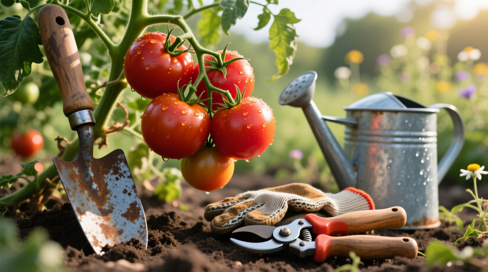 Ripe beefsteak tomatoes on vine with gardening tools