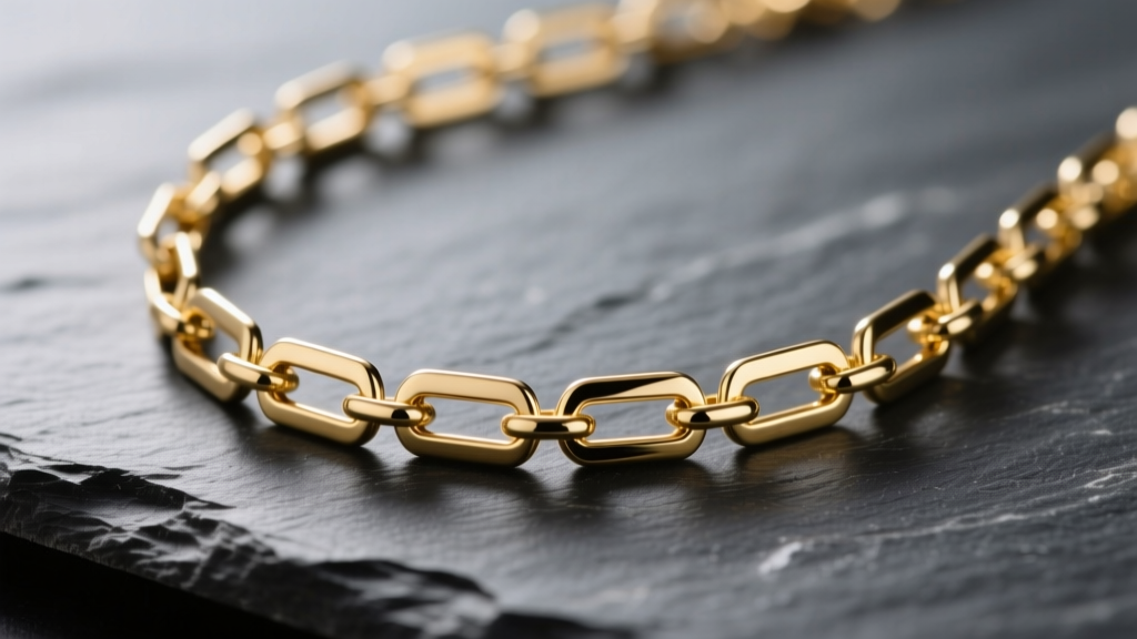 Macro shot of 14k solid gold paper clip chain necklace on dark slate, highlighting elongated rectangular links and polished finish