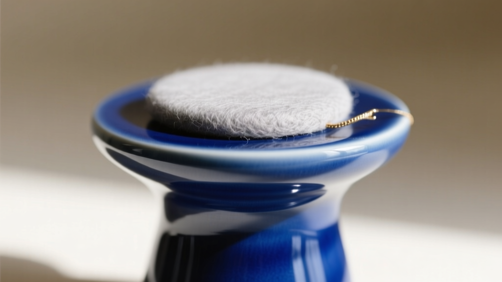 Macro shot of a glossy blue ceramic jewelry holder edge, revealing a tiny felt pad applied to prevent scratching soft gold pieces.