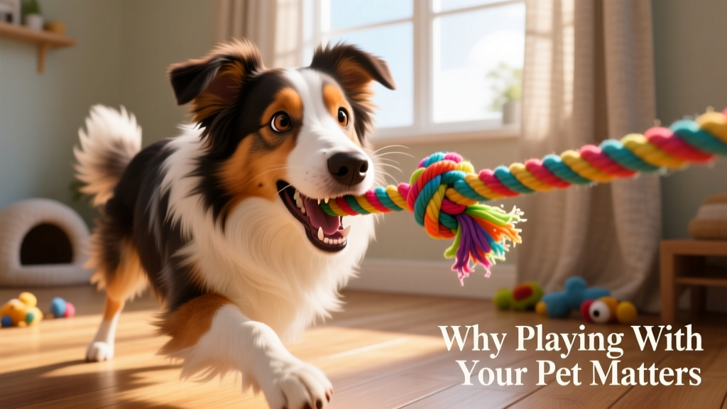 a close-up of a collie dog playing tug-of-war with a colorful rope toy