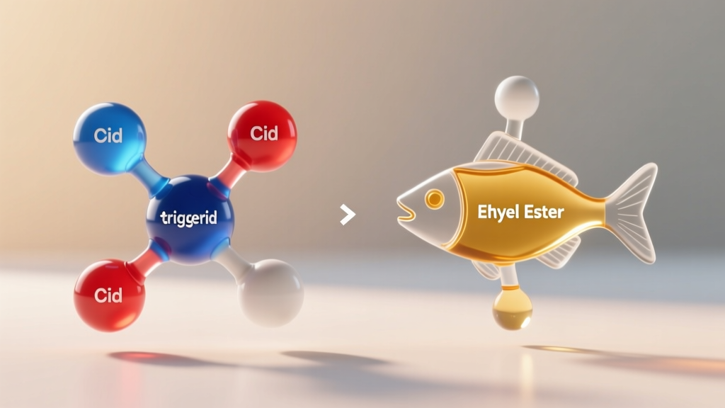 Diagram showing the molecular difference between natural triglyceride fish oil and synthetic ethyl ester fish oil structures for canine digestion.
