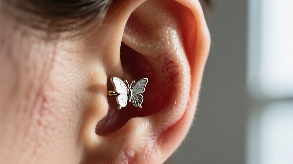 Macro shot of a swollen earlobe with a tight butterfly back earring embedded, soft clinical lighting, highly detailed skin texture