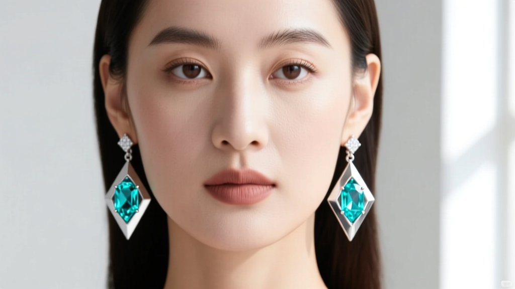 Close-up of a woman wearing geometric silver drop earrings with vibrant turquoise color stones under soft natural window light