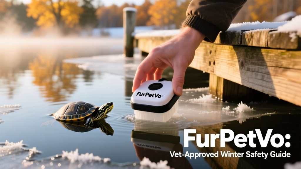 A hand placing a FurPetVo-branded pond de-icer into calm, icy pond water beside a wooden dock