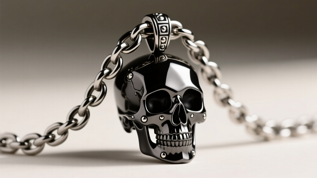 Close-up of a 5mm stainless steel Cuban link chain threading through the oversized bail of a heavy tungsten carbide skull pendant.