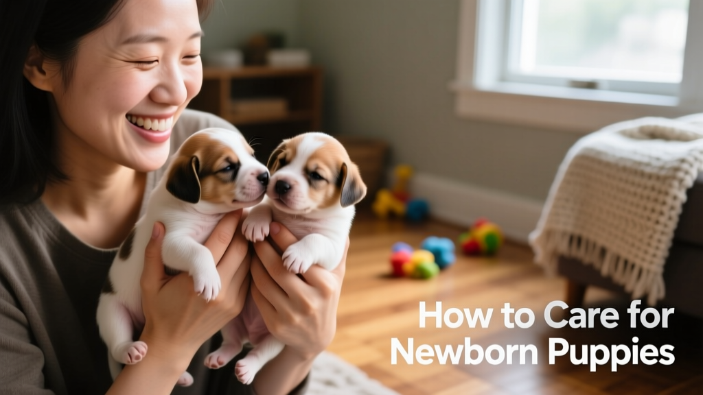 A joyful pet parent holding two 3-week-old puppies, smiling as they nuzzle their hands