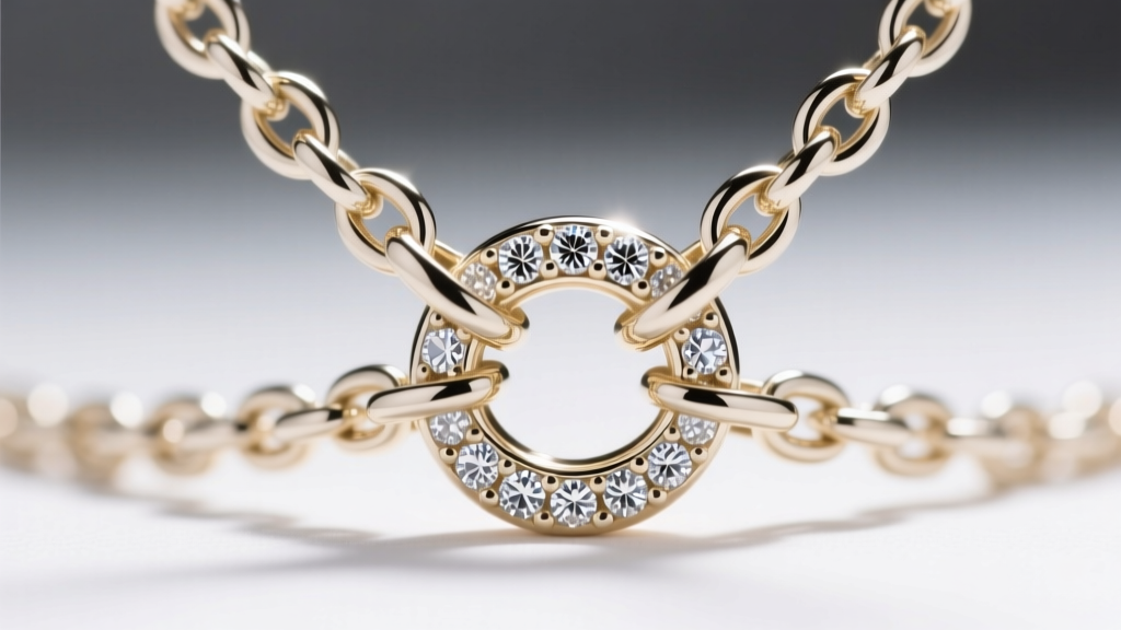Macro shot of a 14k white gold lariat Y-chain junction showing a soldered jump ring and pavé diamond station in bright lighting.