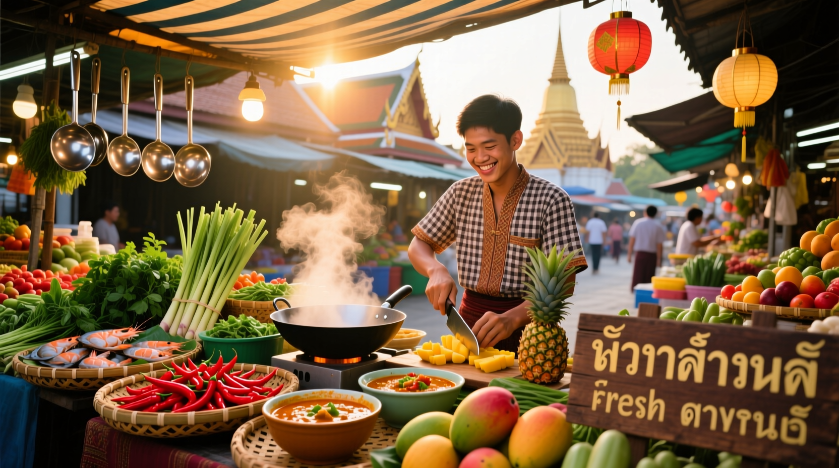 Colorful Thai street food market with fresh ingredients