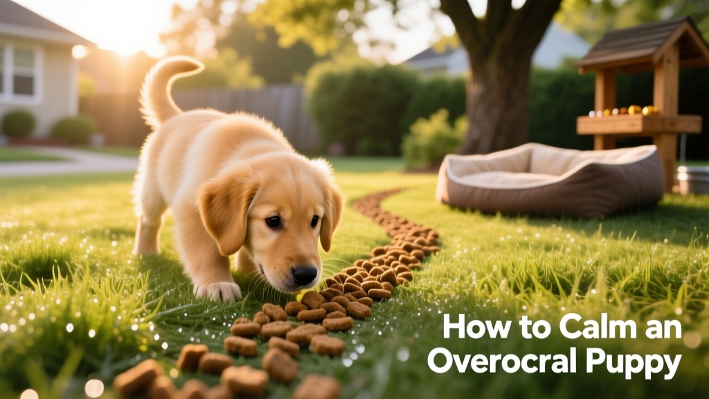 Puppy happily sniffing a trail of kibble scattered across grass during a foraging activity