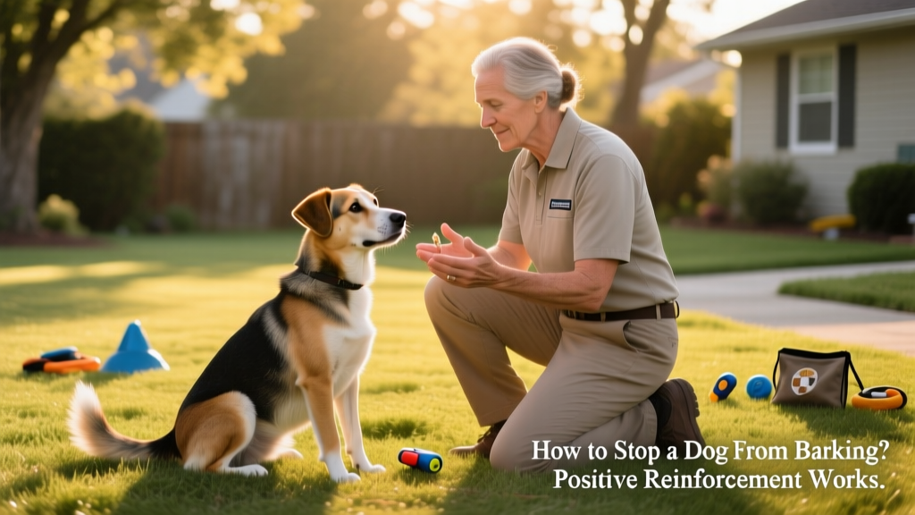 Professional dog trainer kneeling beside a relaxed dog during a gentle, positive reinforcement session