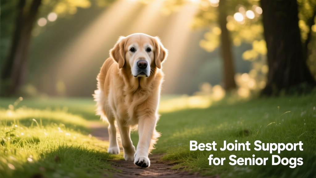 Close-up of a senior golden retriever walking comfortably on a grassy path, showing ease of movement